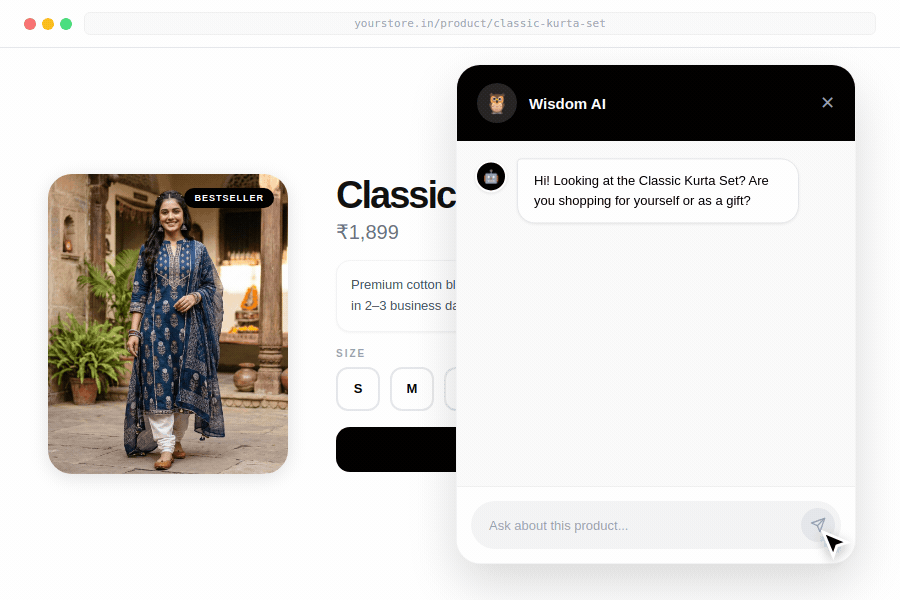WisdomChat gift recommendation — customer types a gift query, AI asks two clarifying questions and recommends matching products from the catalogue