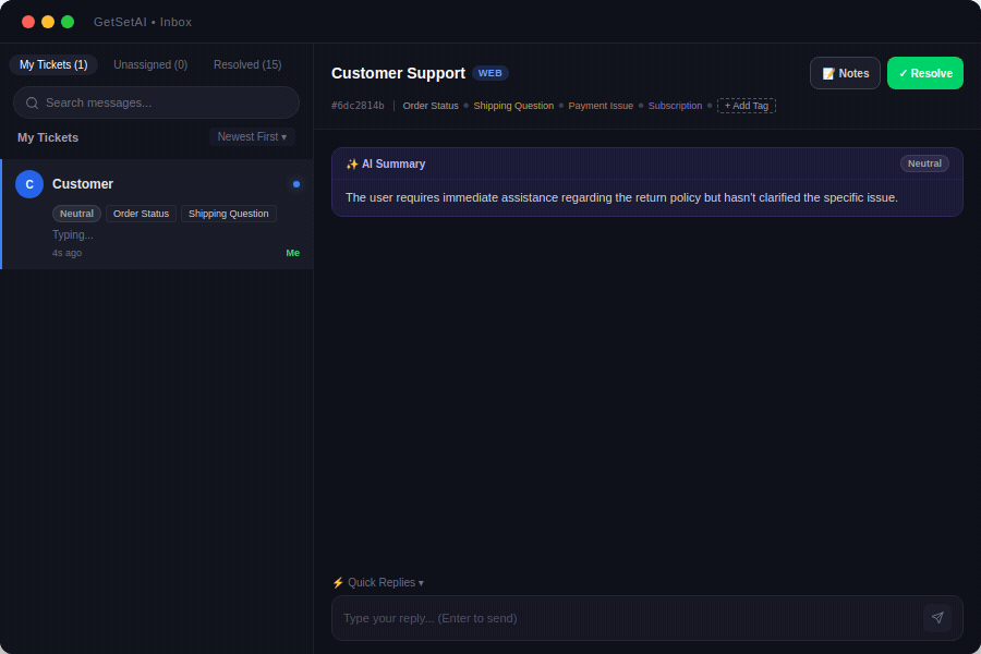 WisdomChat agent inbox — AI drafts a response from the knowledge base, agent reviews and sends in one click